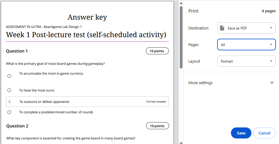 screenshot of answer key in print preview
