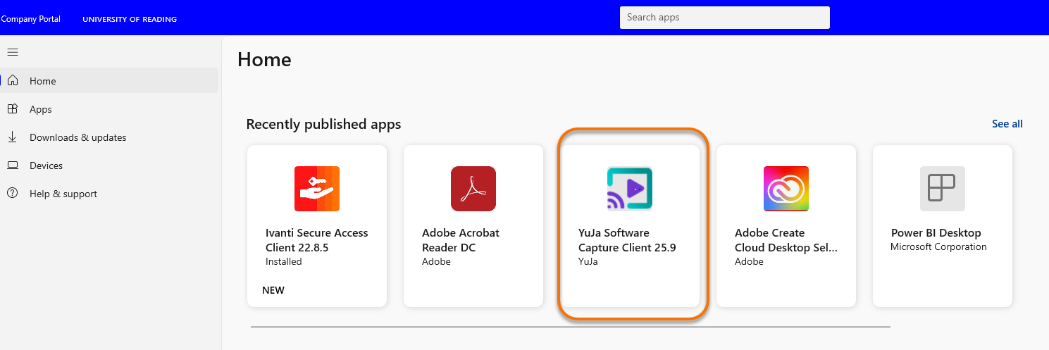 Showing company portal on a university PC and YuJa software highlighted. 