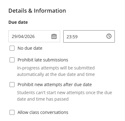 Screenshot of settings panel, Details & Information section.