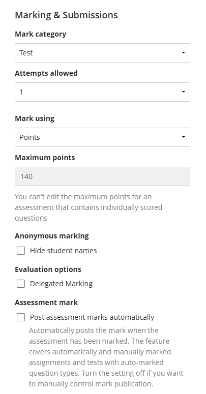Screenshot of Marking & Submissions section in settings panel.