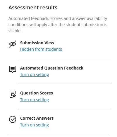 Screenshot of Assessment results section in settings panel.