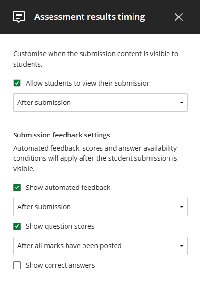 Screenshot of Assessment results timing section in settings panel.