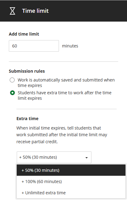 Screenshot of Time limit options in settings panel.