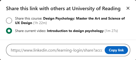Showing the radio button and link to share for the whole course or the current video