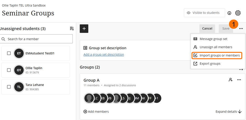 Screenshot showing the import group and members option