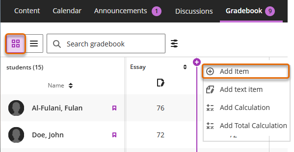Screenshot of Gradebook Grid view