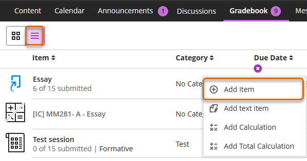 Screenshot of Gradebook List view