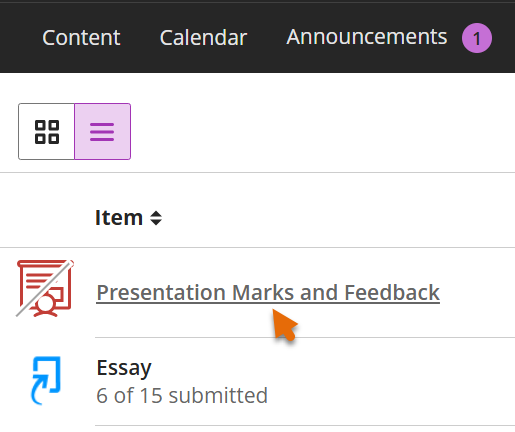 Screenshot of Gradebook List view