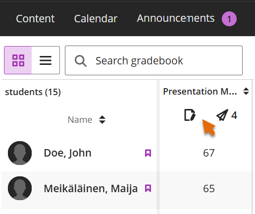 Screenshot of Gradebook Grid view