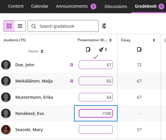 Screenshot of Gradebook Grid view - column edit mode