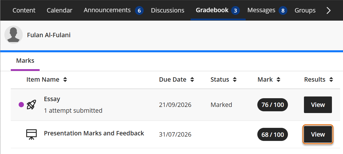 Screenshot of student's view of the gradebook