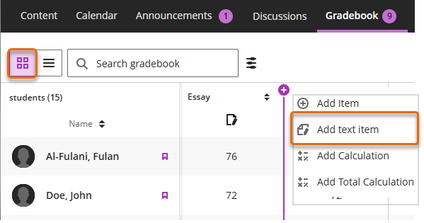 Screenshot of Gradebook Grid view
