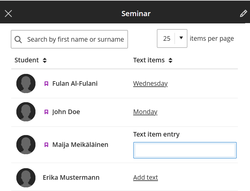 Screenshot of Gradebook List view - add text