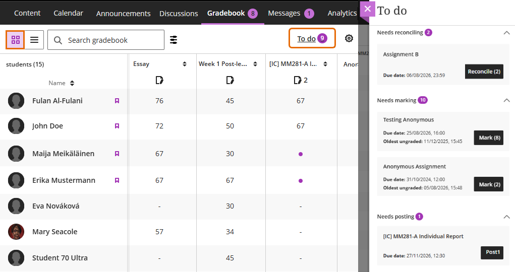 Screenshot of Gradebook Grid view  with To do panel open