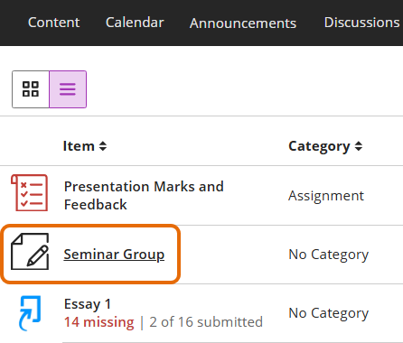 Screenshot of Gradebook List view