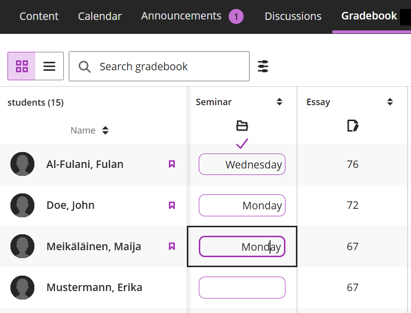 Screenshot of Gradebook Grid view - add text