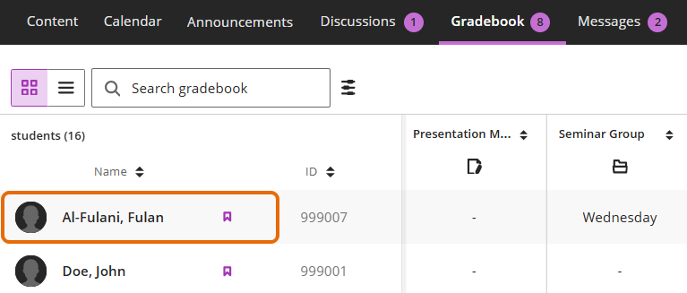 Screenshot of Gradebook Grid view 