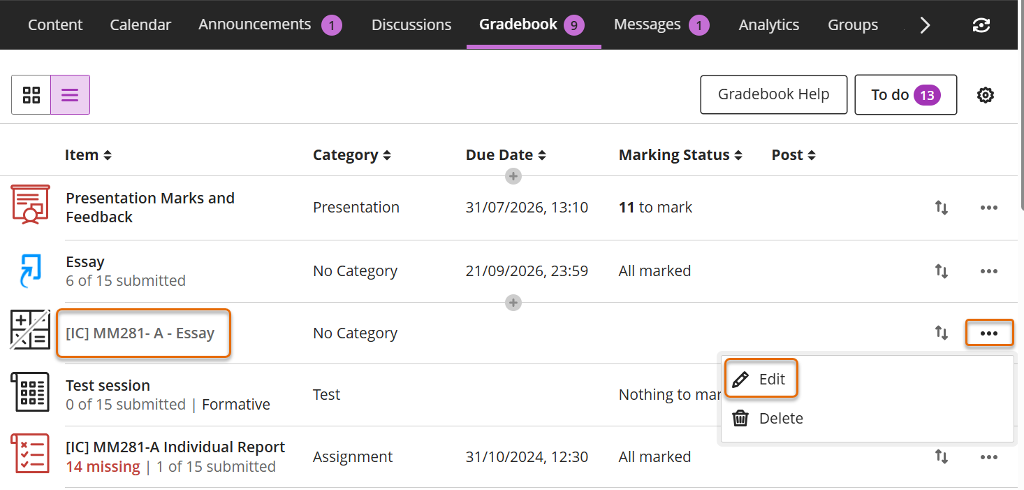 Screenshot of Gradebook List view