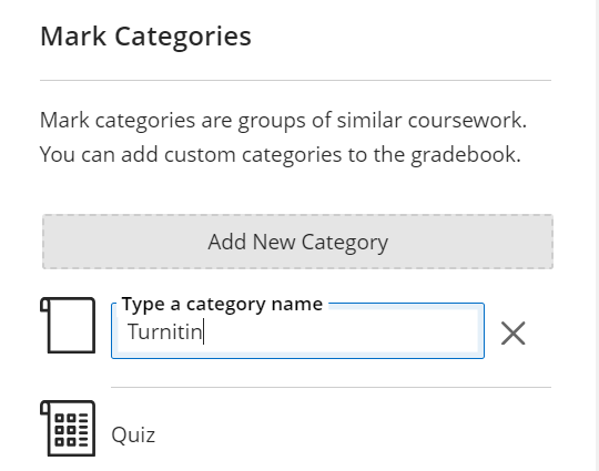 Screenshot of Mark Categories section of the Gradebook settings panel.