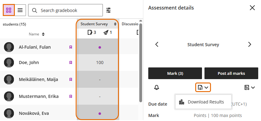Screenshot of the Download Results icon in the Assessment details panel.
