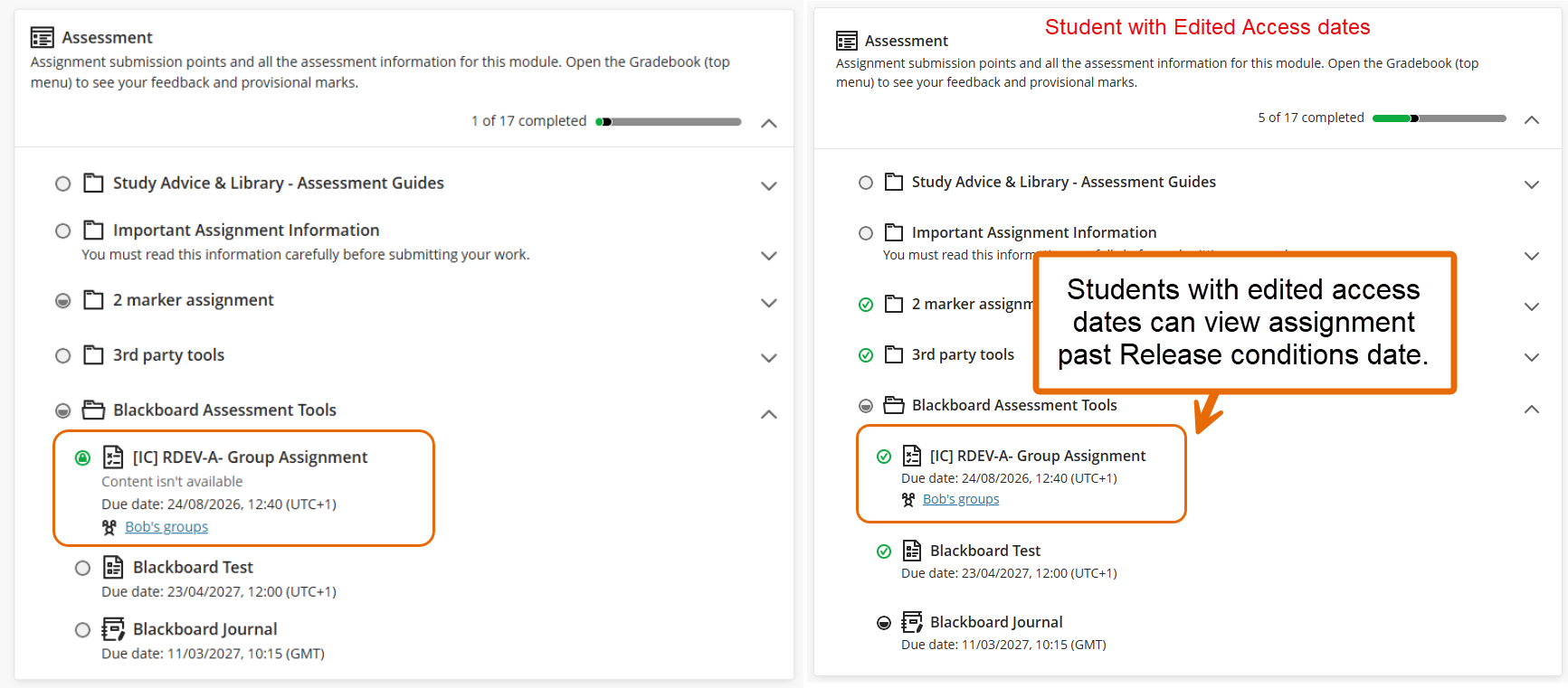 Screenshot showing student with edited access dates able to view assignment after the official release conditions access until date.