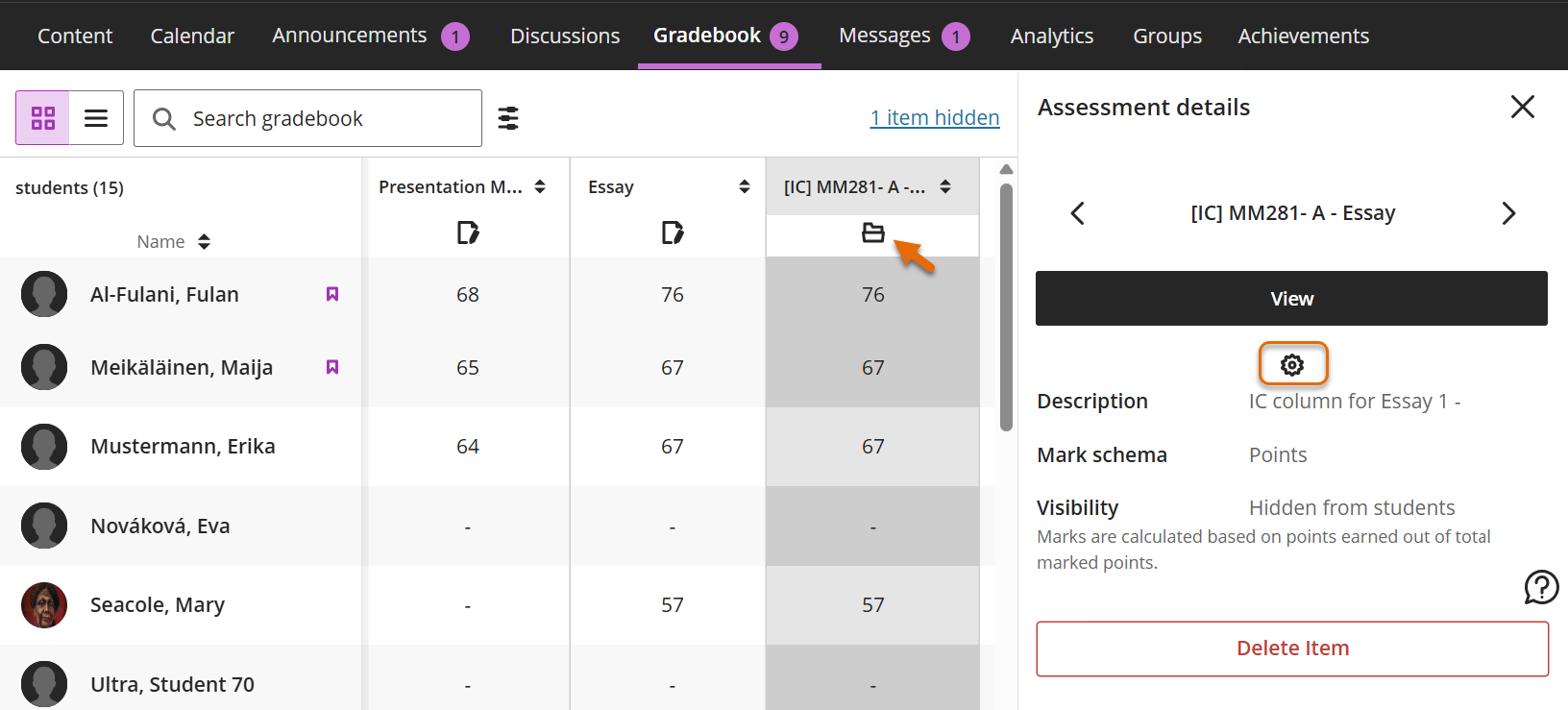 Screenshot of Gradebook Grid view - calculated column