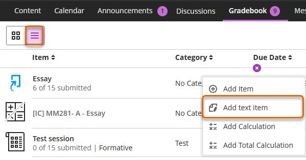 Screenshot of Gradebook List view
