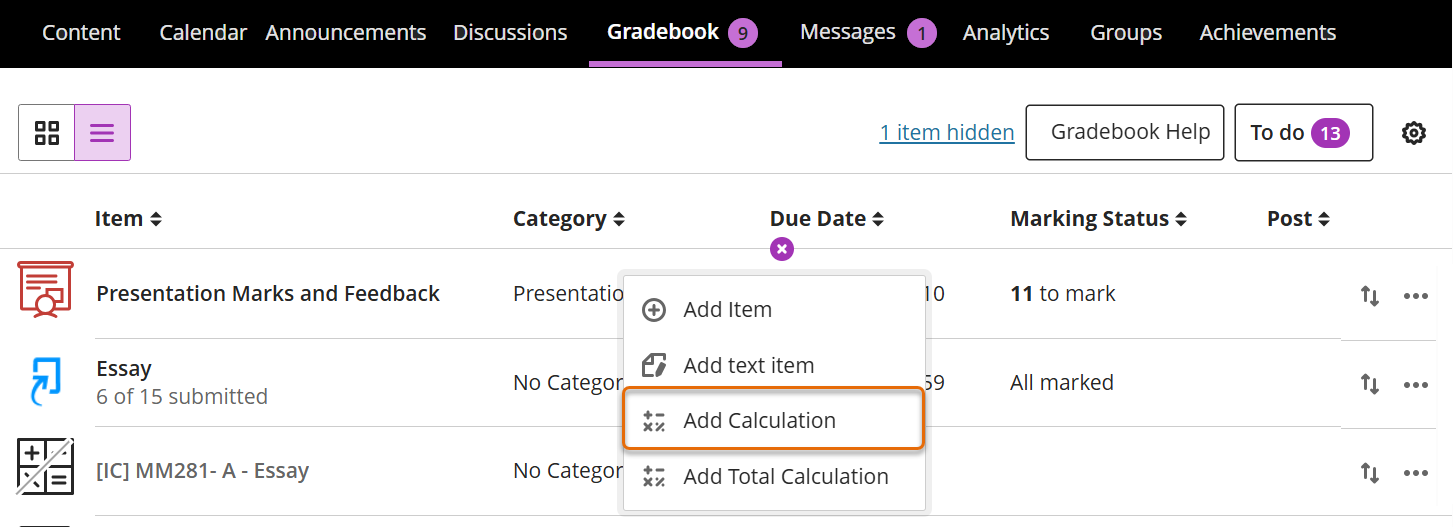 Screenshot of Gradebook List view