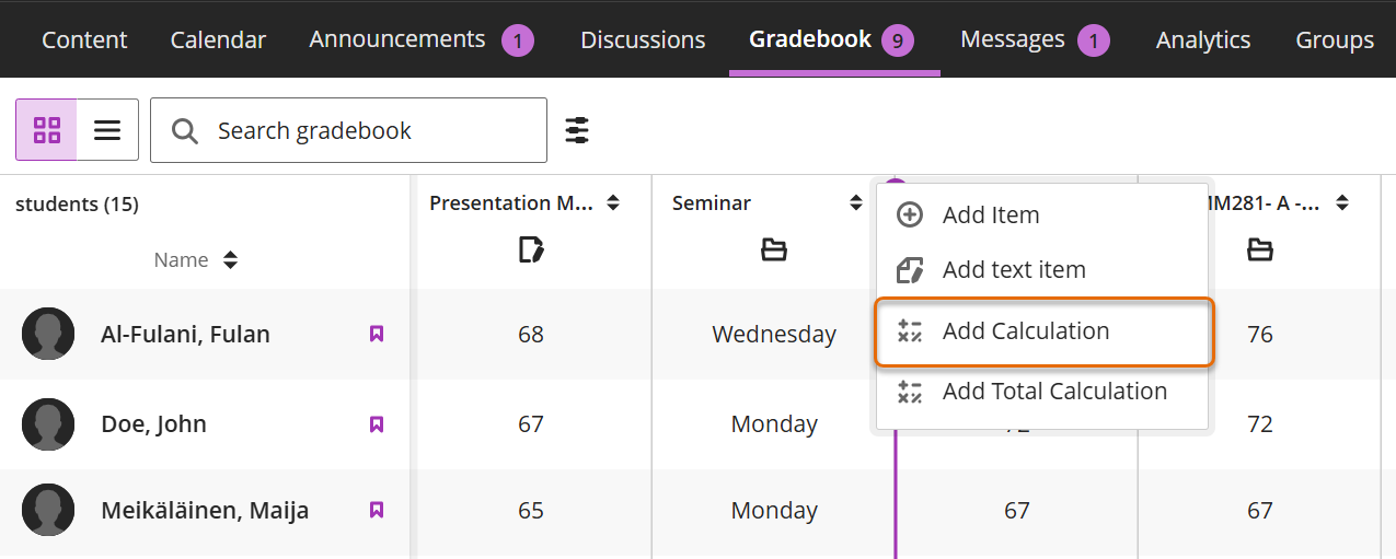 Screenshot of Gradebook Grid view