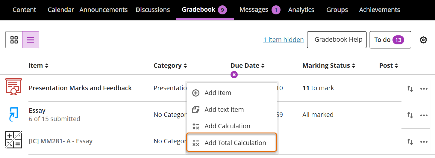 Screenshot of Gradebook List view