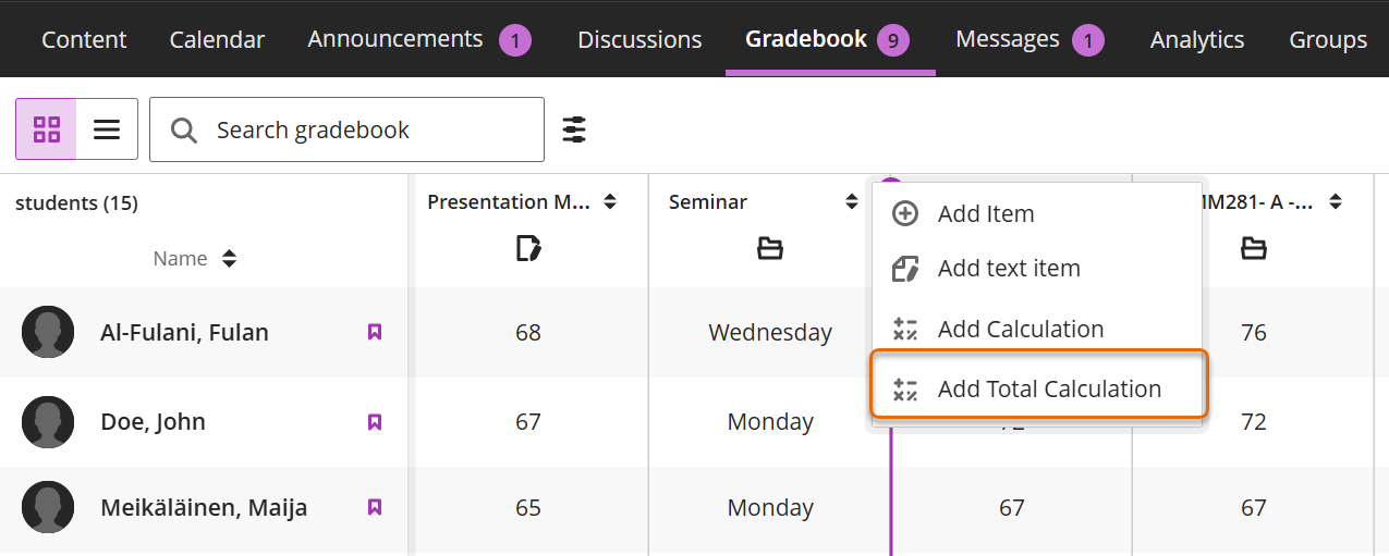 Screenshot of Gradebook Grid view