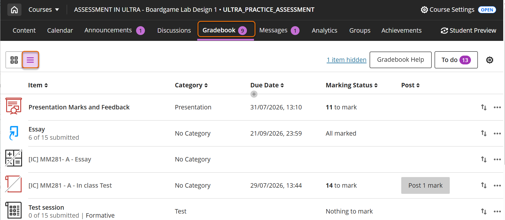 Screenshot of Gradebook List view