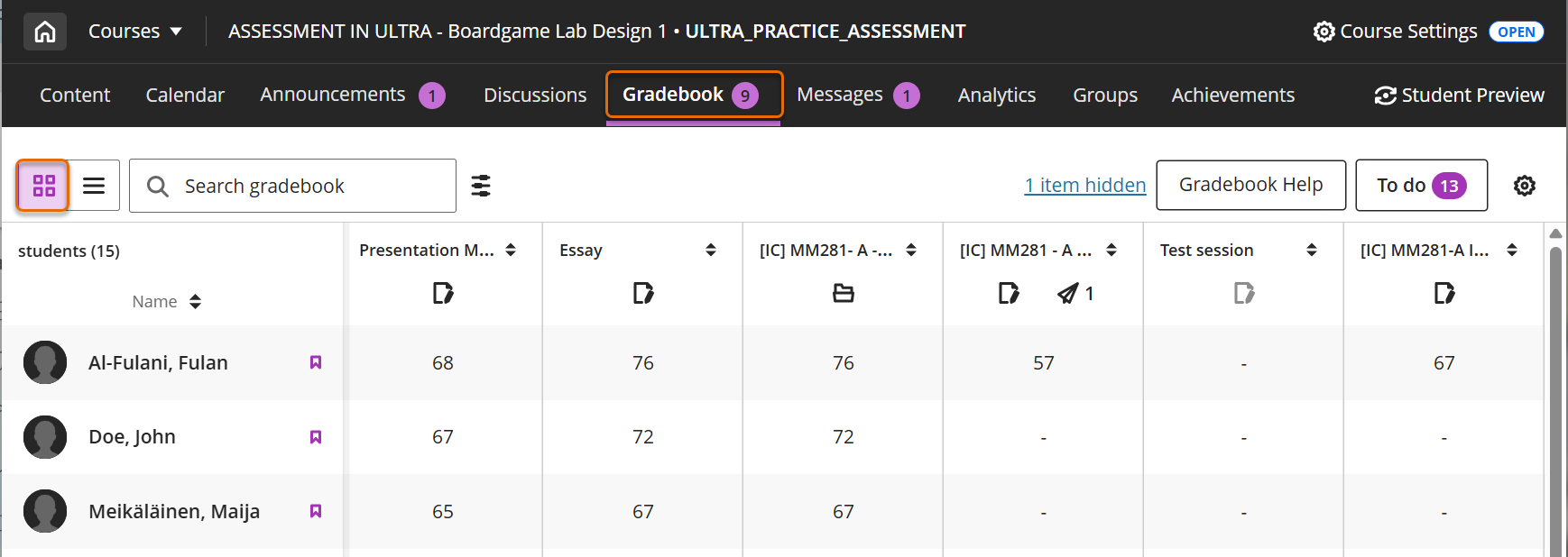 Screenshot of Gradebook Grid view