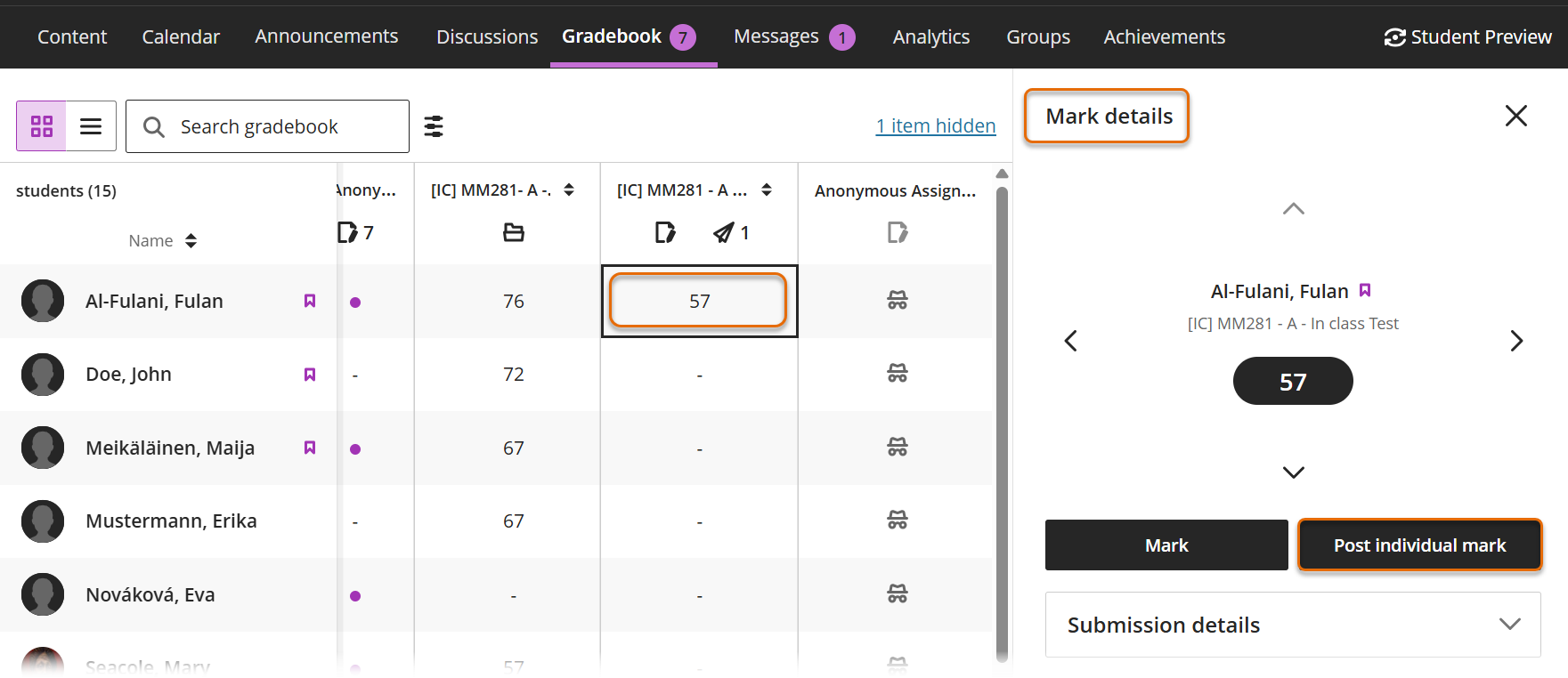 Screenshot of Gradebook Grid view  with Mark details panel open and Post individual mark button 