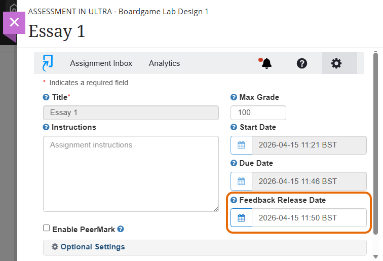 Screenshot of Turnitin settings screen with Feedback Release date open for editing.