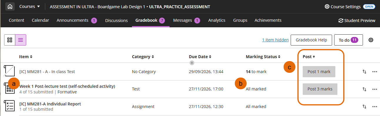 Screenshot of Gradebook List view  with Post mark buttons highlighted.
