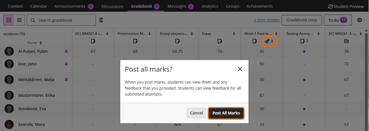 Screenshot of Gradebook Grid view  with number to post icon and Post All pop up.