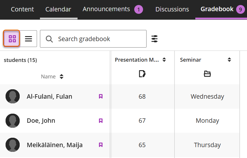 Screenshot of Gradebook Grid view
