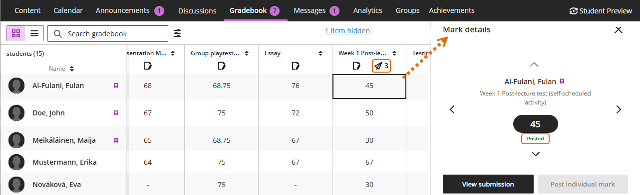 Screenshot of Gradebook Grid view  with Mark details panel open