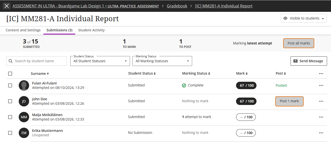 Screenshot of Submissions tab in Blackboard assignment.