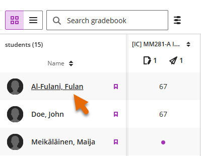 Screenshot of Gradebook Grid view with arrow pointing at student name - link to student details page.