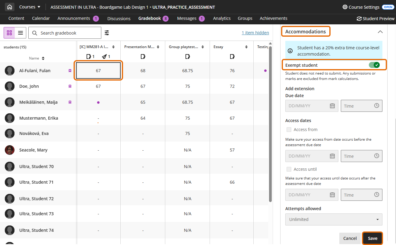 Screenshot of Gradebook Grid view with Mark details panel open and Accommodations extended.