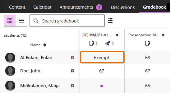Screenshot of Gradebook Grid view with Exempt in a cell