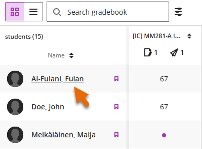 Screenshot of student list in Grid view