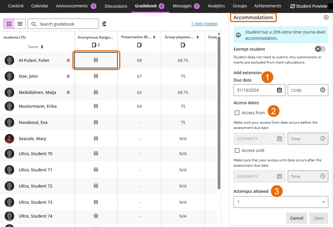 Screenshot of Grid view - mark details panel - Accommodations section