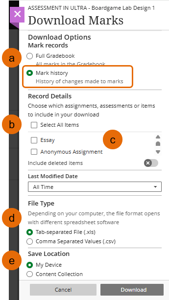 Screenshot of Gradebook download panel with Mark history selected.