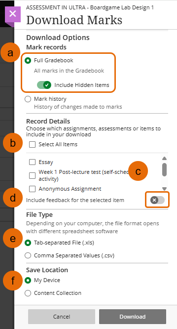 Screenshot of download gradebook panel