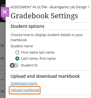 Screenshot of Gradebook settings panel