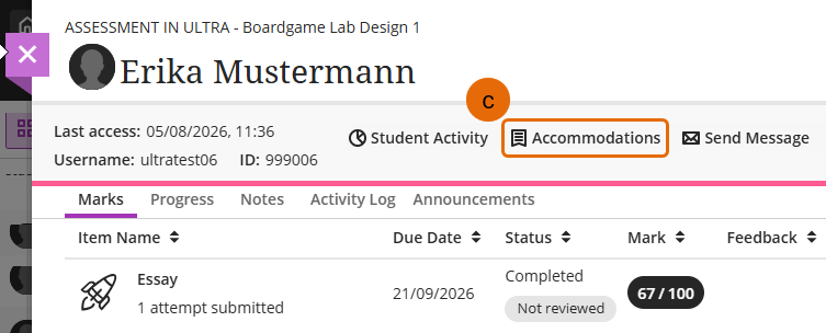 Screenshot of student details screen with the Accommodations option highlighted.