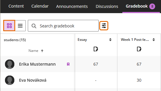 Screenshot of Grid view of gradebook - filter icon highlighted.